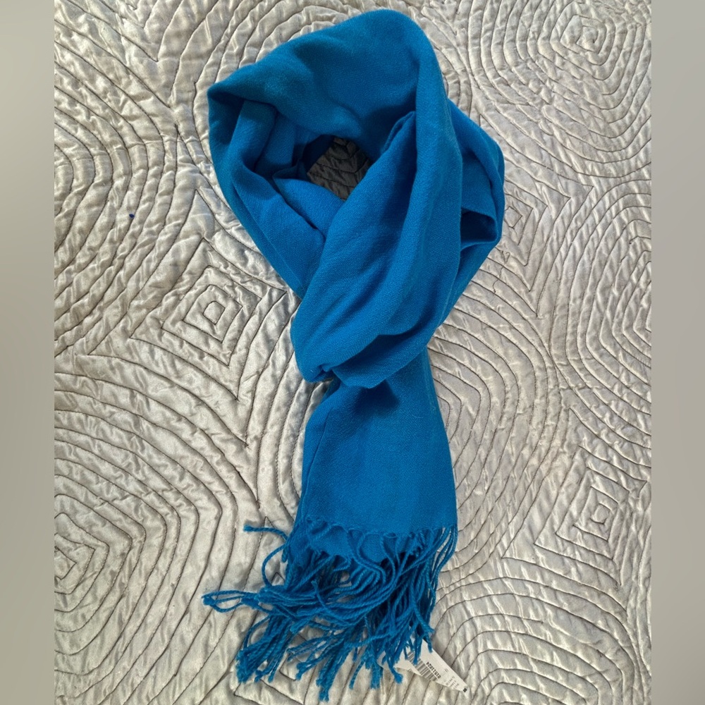 Lightweight Pure Wool Long Fringed Summer Pashmina Scarf Wrap NWT Primary Blue